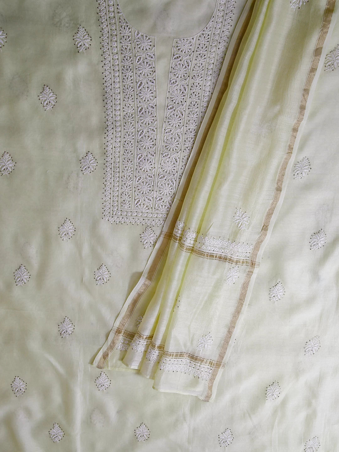 Ada Hand Embroidered Lemon Chanderi Lucknowi Chikankari Unstitched Kurta Dupatta Set With Mukaish Work 01A245855