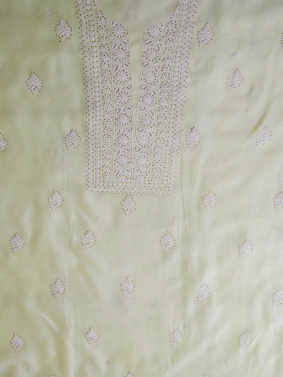 Ada Hand Embroidered Lemon Chanderi Lucknowi Chikankari Unstitched Kurta Dupatta Set With Mukaish Work 01A245855
