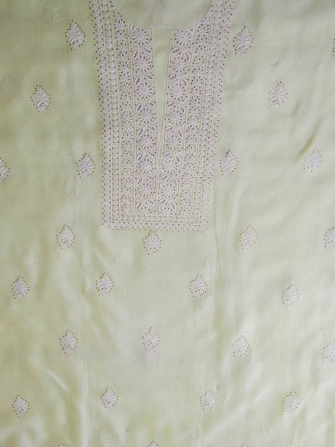 Ada Hand Embroidered Lemon Chanderi Lucknowi Chikankari Unstitched Kurta Dupatta Set With Mukaish Work 01A245855