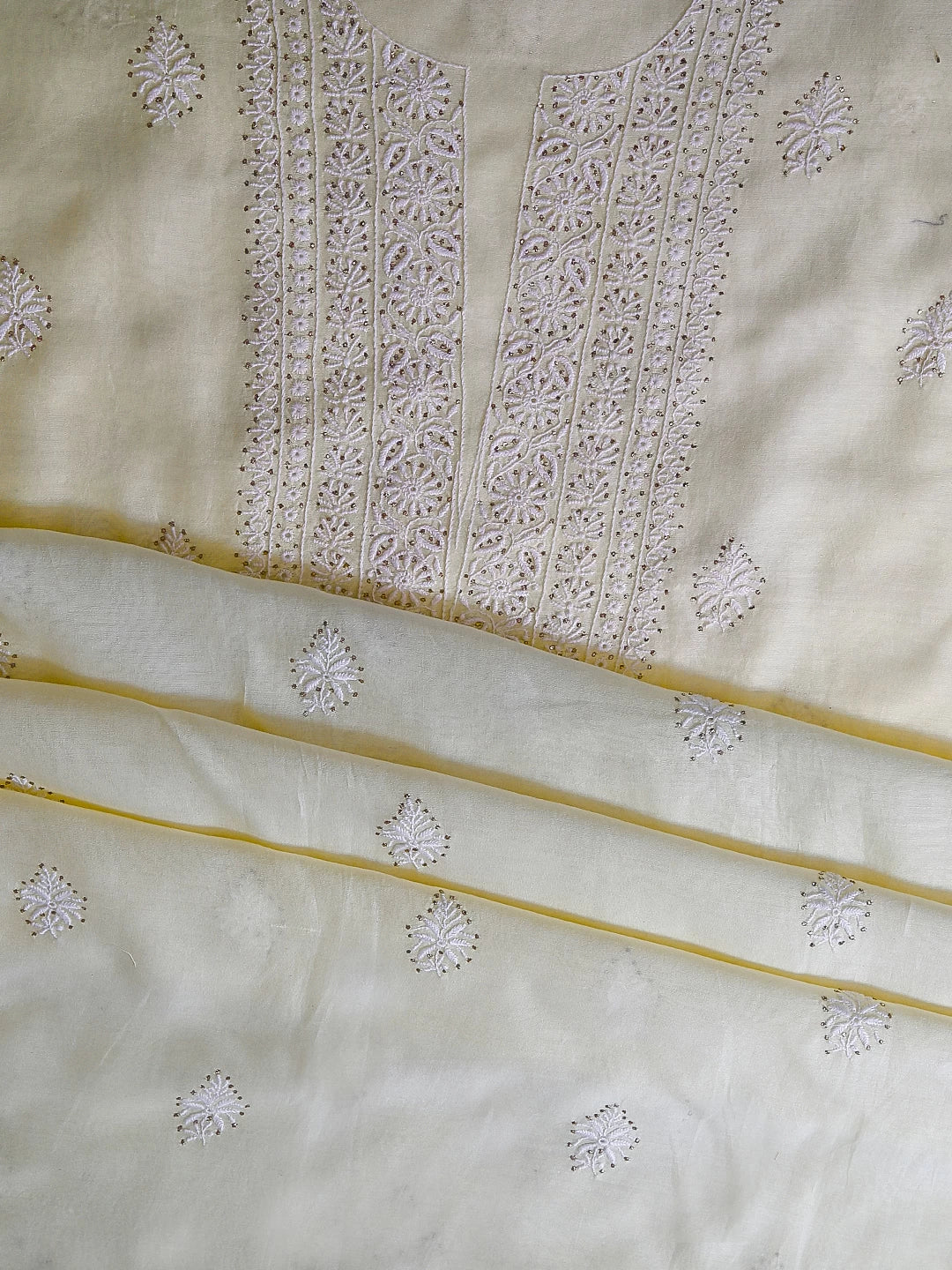 Ada Hand Embroidered Lemon Chanderi Lucknowi Chikankari Unstitched Kurta Dupatta Set With Mukaish Work 01A245855
