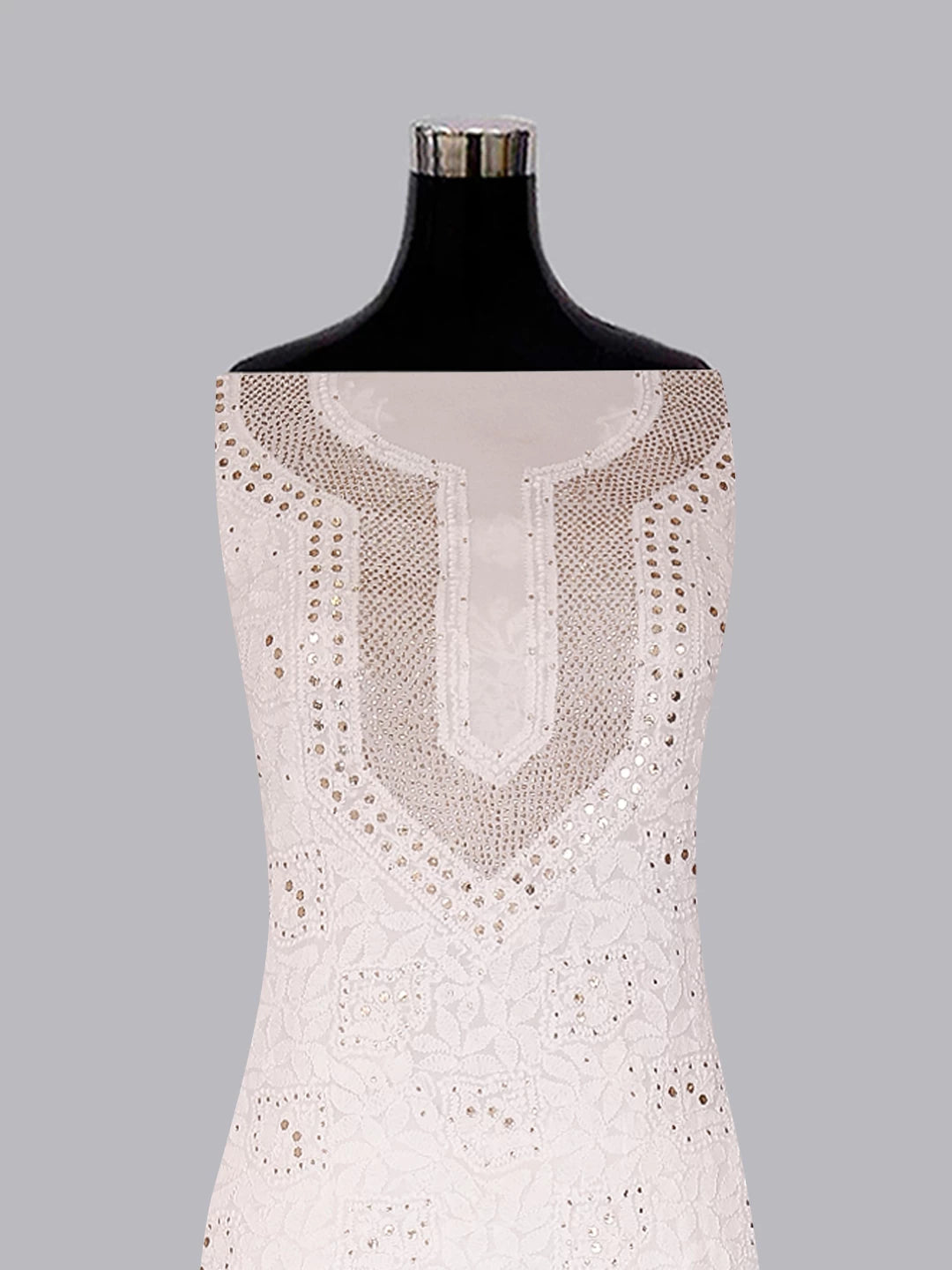 Ada Hand Embroidered White Georgette Lucknowi Chikankari Unstitched Kurta Piece With Muqaish Work 01A435773