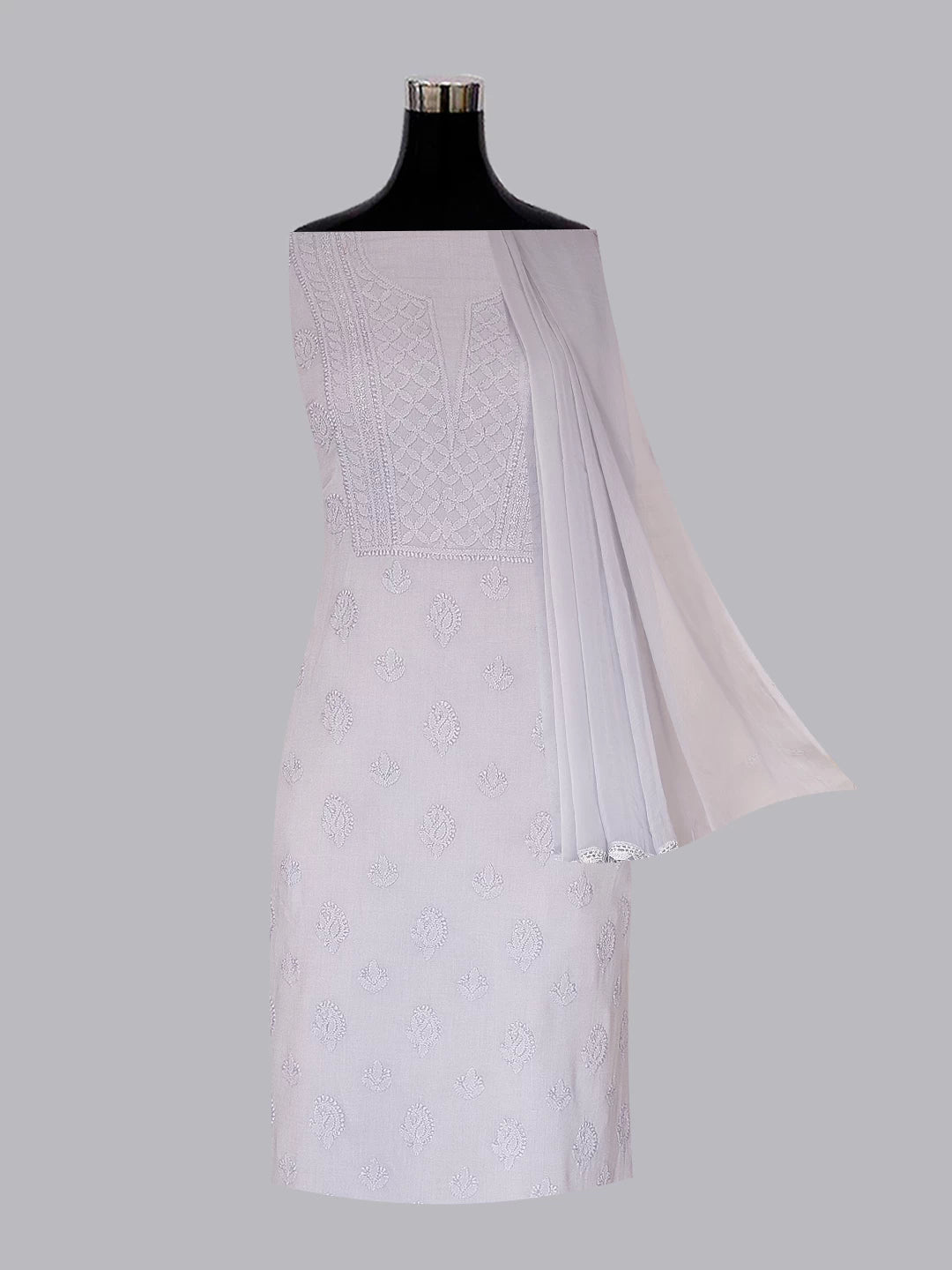 Ada Hand Embroidered Light Grey Modal Lucknowi Chikankari Unstitched Suit Piece 01A368099