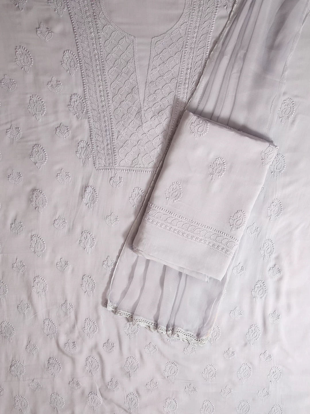 Ada Hand Embroidered Light Grey Modal Lucknowi Chikankari Unstitched Suit Piece 01A368099