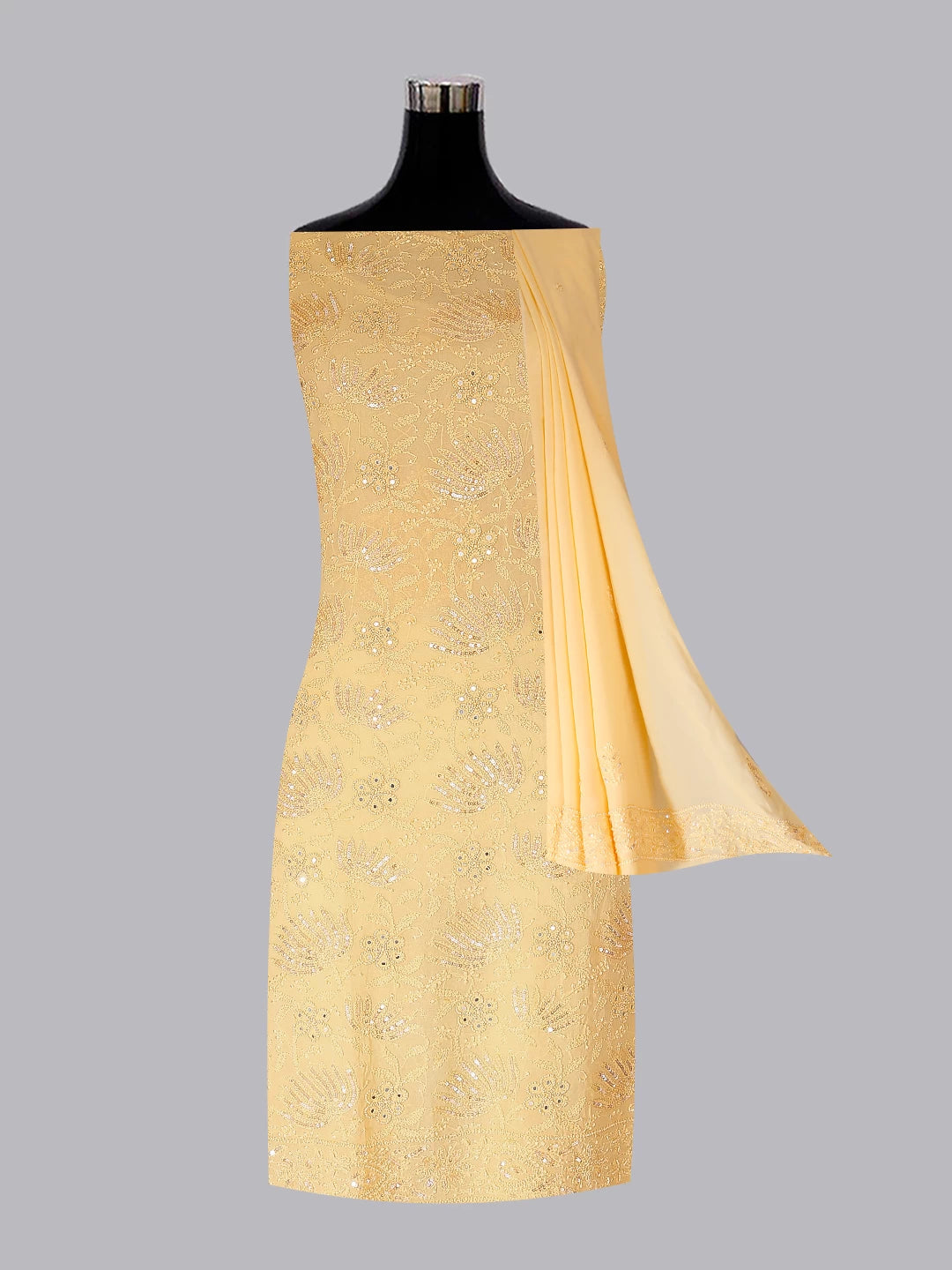 Ada Hand Embroidered Yellow Peach Georgette Lucknowi Chikankari Unstitched Kurta Dupatta Set With Sequinned Work 01A255311