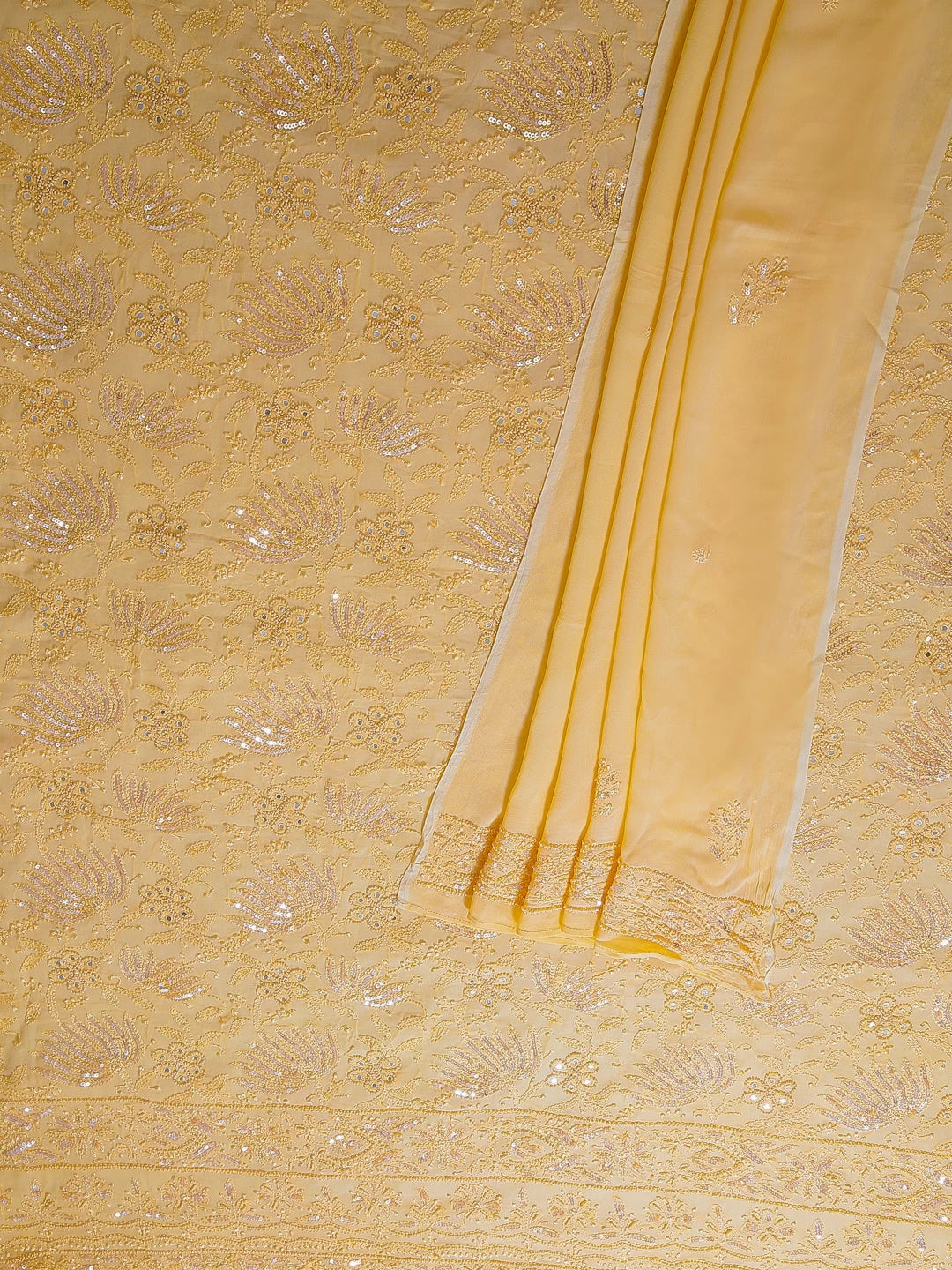 Ada Hand Embroidered Yellow Peach Georgette Lucknowi Chikankari Unstitched Kurta Dupatta Set With Sequinned Work 01A255311