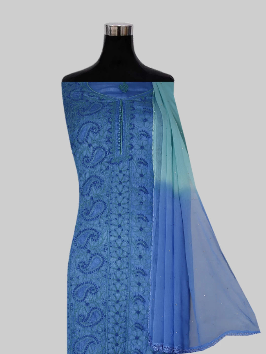 Ada Hand Embroidered Blue Silk Lucknowi Chikankari Semi Stitched Suit Piece 01A450068