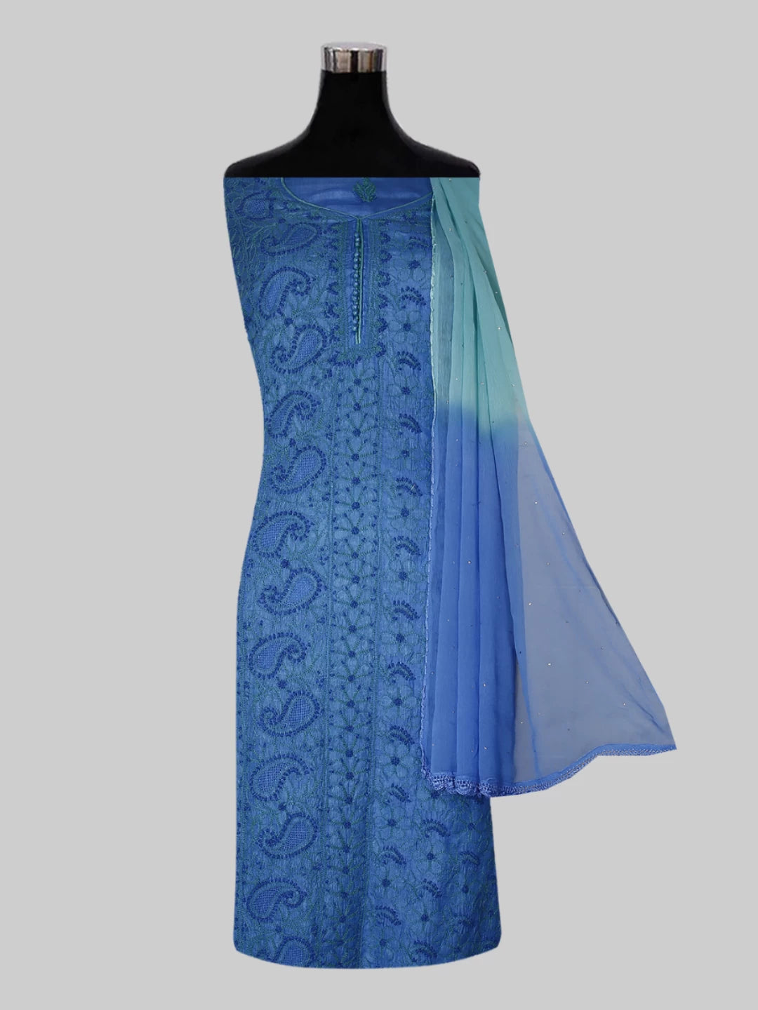 Ada Hand Embroidered Blue Silk Lucknowi Chikankari Semi Stitched Suit Piece 01A450068