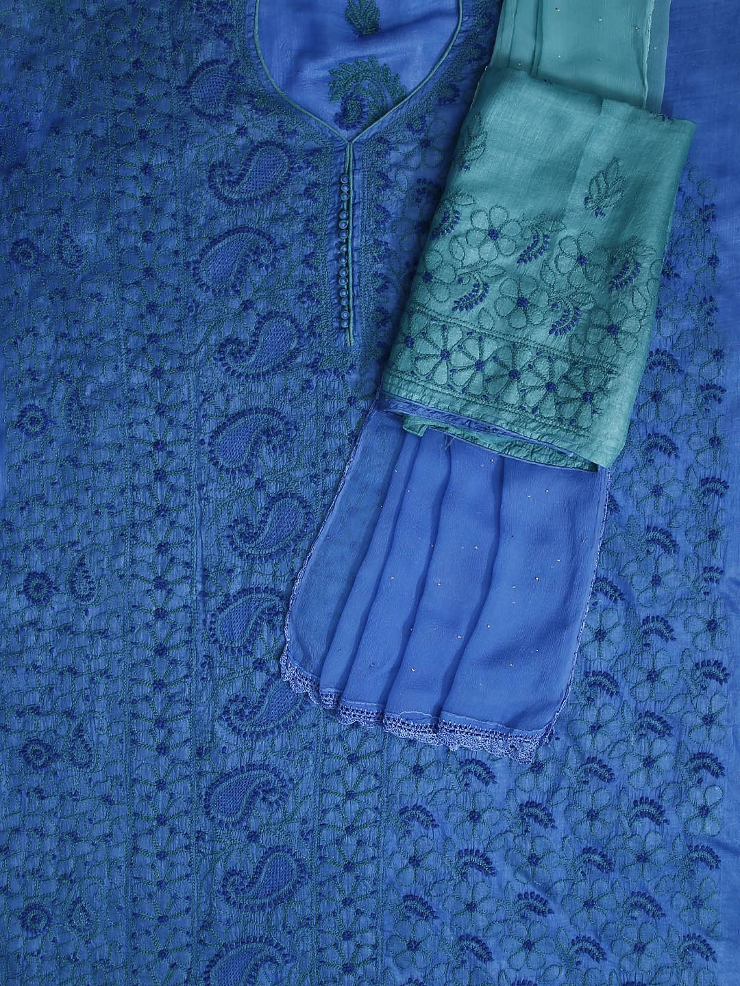 Ada Hand Embroidered Blue Silk Lucknowi Chikankari Semi Stitched Suit Piece 01A450068