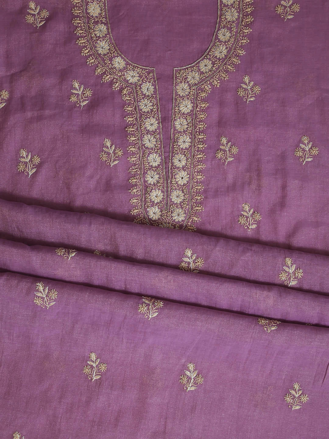 Ada Hand Embroidered Pink Tissue Lucknowi Chikankari Semi-stitched Kurta Dupatta Set With Zari Work 01A403890
