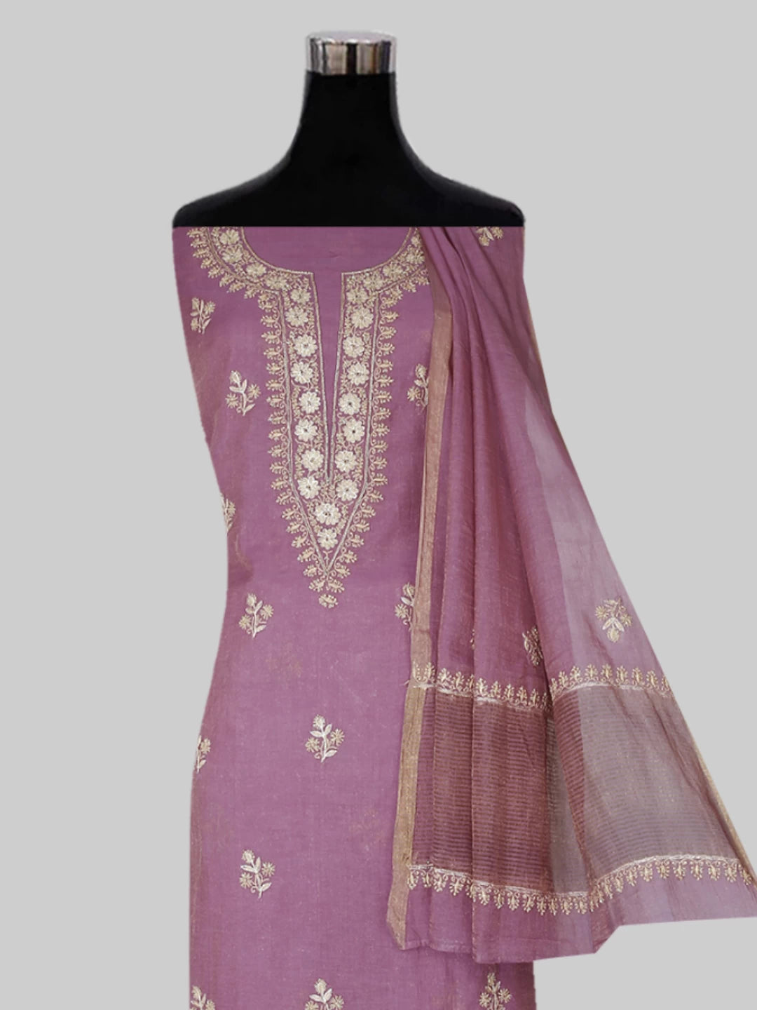Ada Hand Embroidered Pink Tissue Lucknowi Chikankari Semi-stitched Kurta Dupatta Set With Zari Work 01A403890