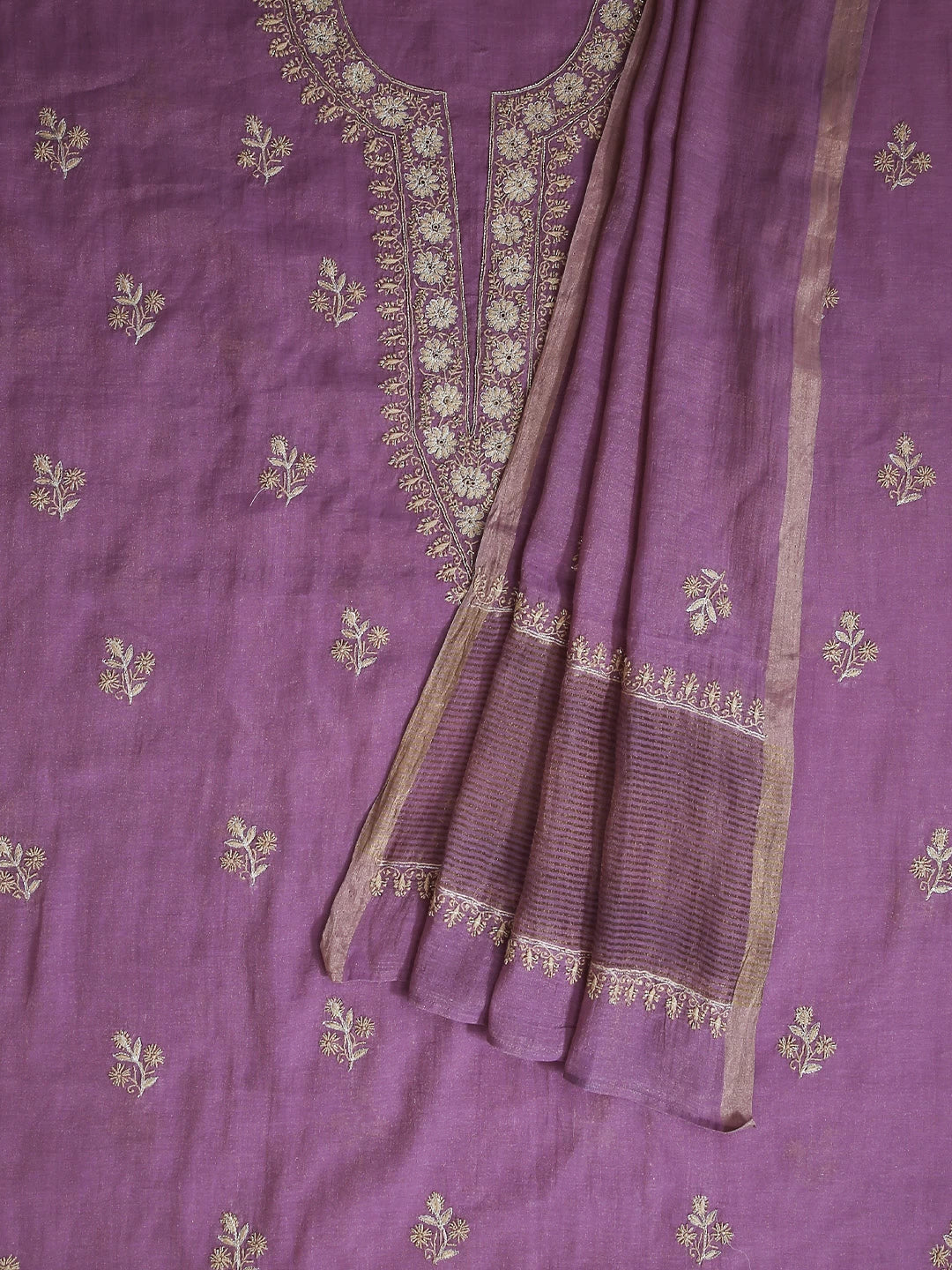 Ada Hand Embroidered Pink Tissue Lucknowi Chikankari Semi-stitched Kurta Dupatta Set With Zari Work 01A403890