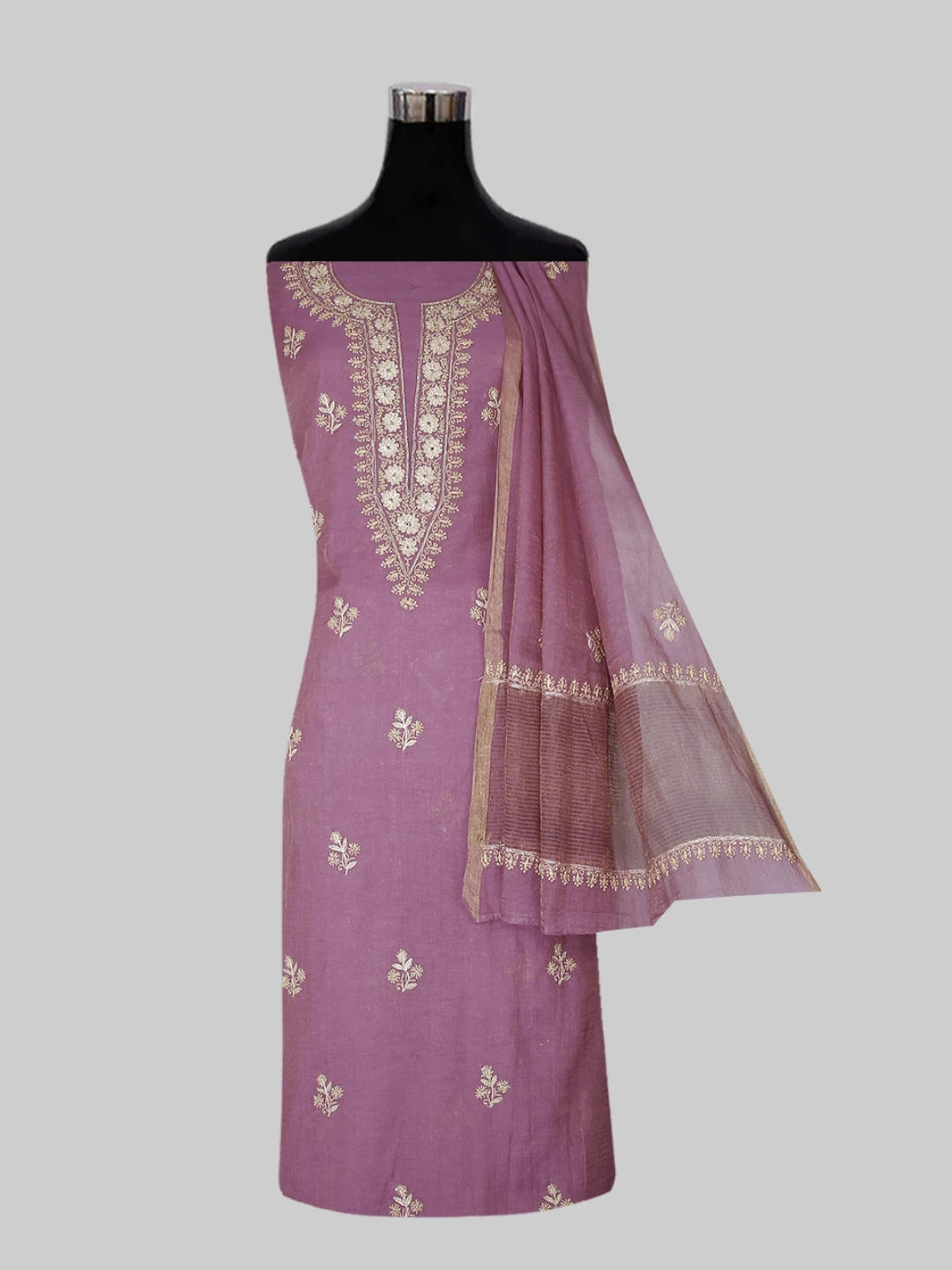 Ada Hand Embroidered Pink Tissue Lucknowi Chikankari Semi-stitched Kurta Dupatta Set With Zari Work 01A403890
