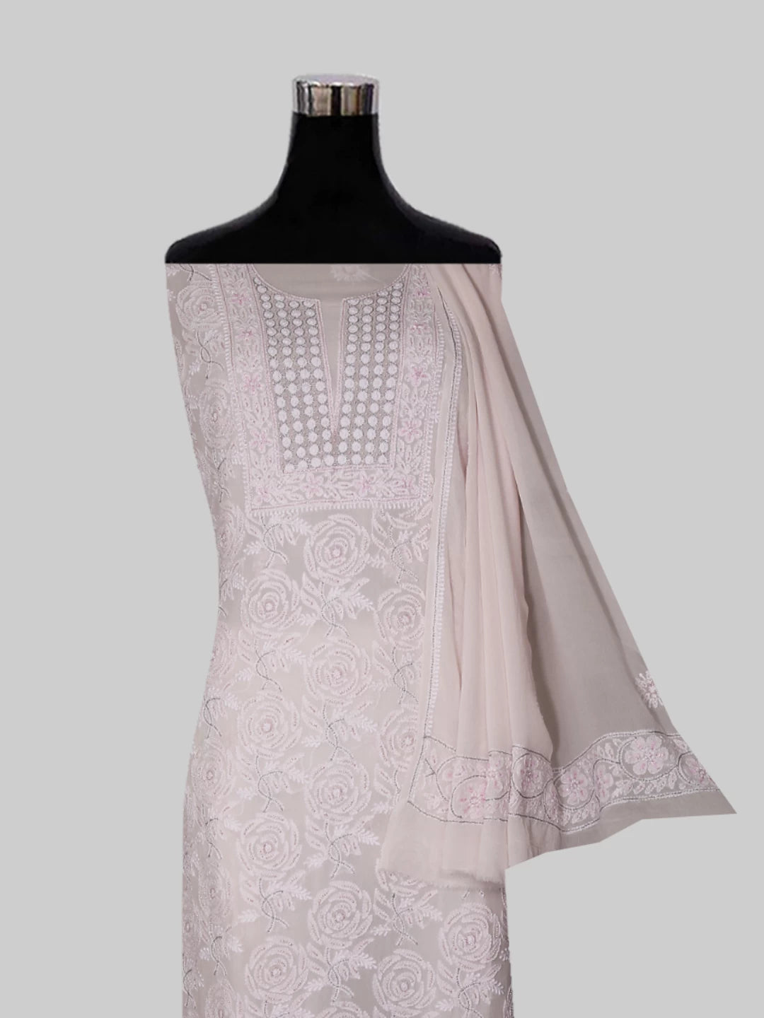 Ada Hand Embroidered Baby Pink Pure Georgette Lucknowi Chikankari Unstitched Kurta Dupatta Set With Pearl Work 01A281271