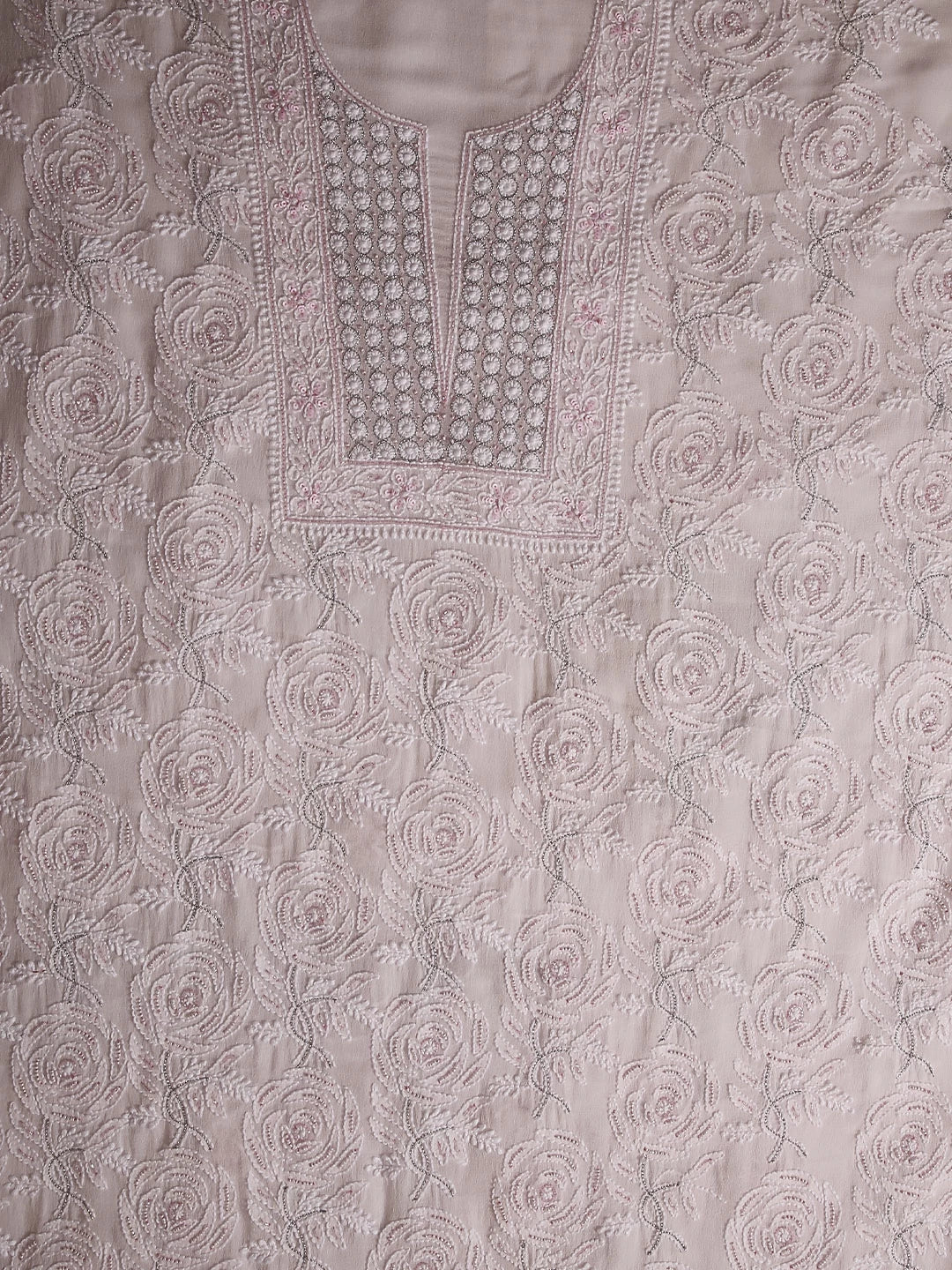 Ada Hand Embroidered Baby Pink Pure Georgette Lucknowi Chikankari Unstitched Kurta Dupatta Set With Pearl Work 01A281271