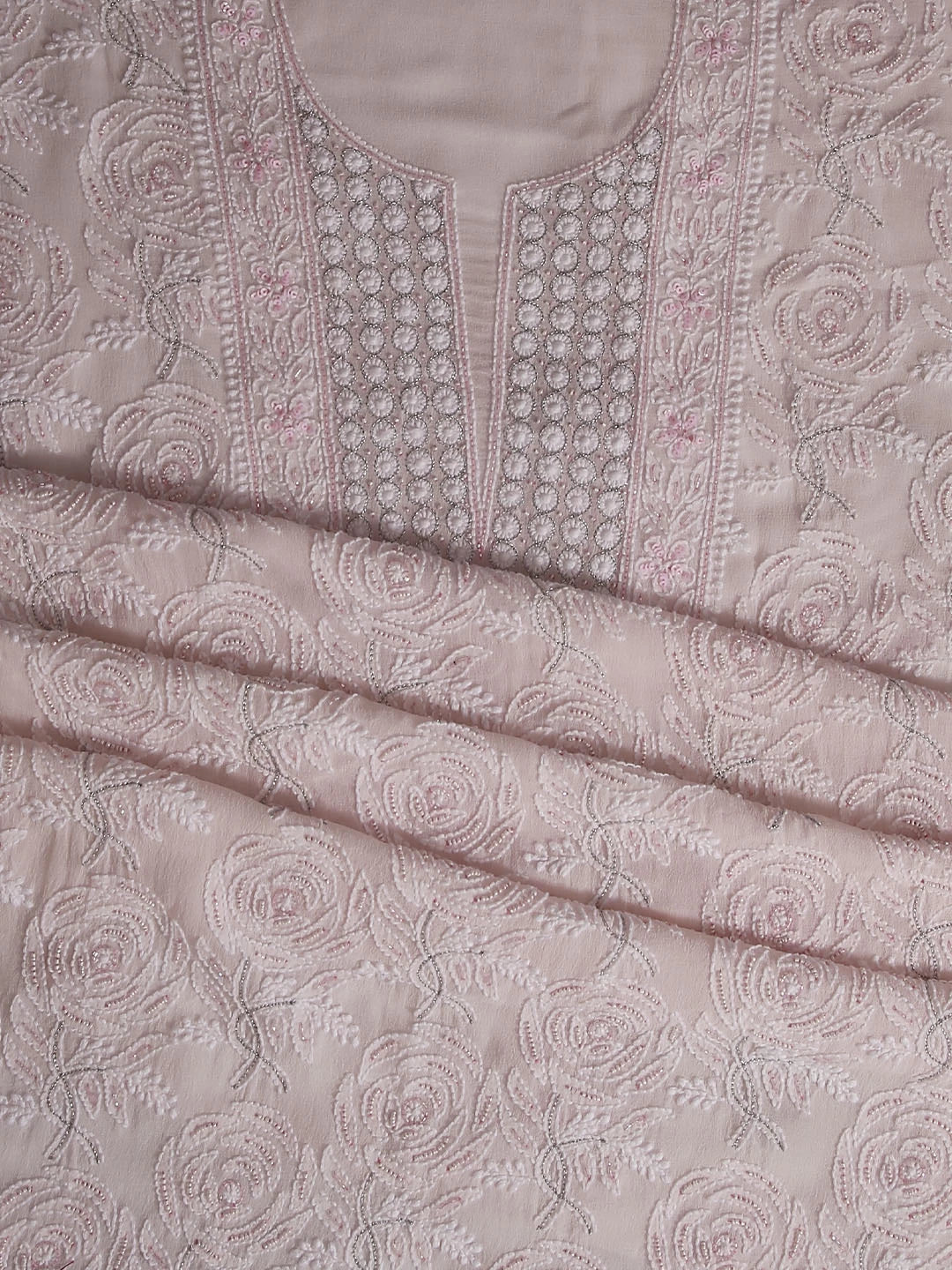 Ada Hand Embroidered Baby Pink Pure Georgette Lucknowi Chikankari Unstitched Kurta Dupatta Set With Pearl Work 01A281271
