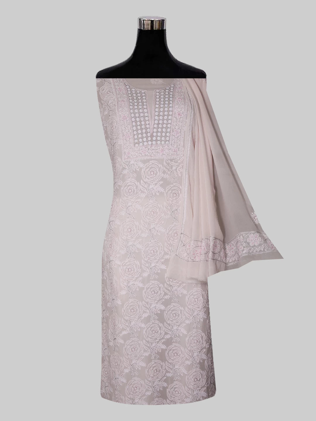 Ada Hand Embroidered Baby Pink Pure Georgette Lucknowi Chikankari Unstitched Kurta Dupatta Set With Pearl Work 01A281271