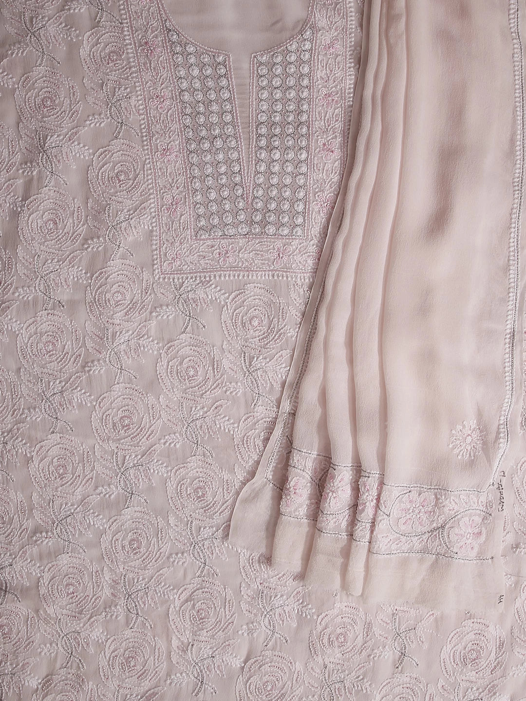 Ada Hand Embroidered Baby Pink Pure Georgette Lucknowi Chikankari Unstitched Kurta Dupatta Set With Pearl Work 01A281271