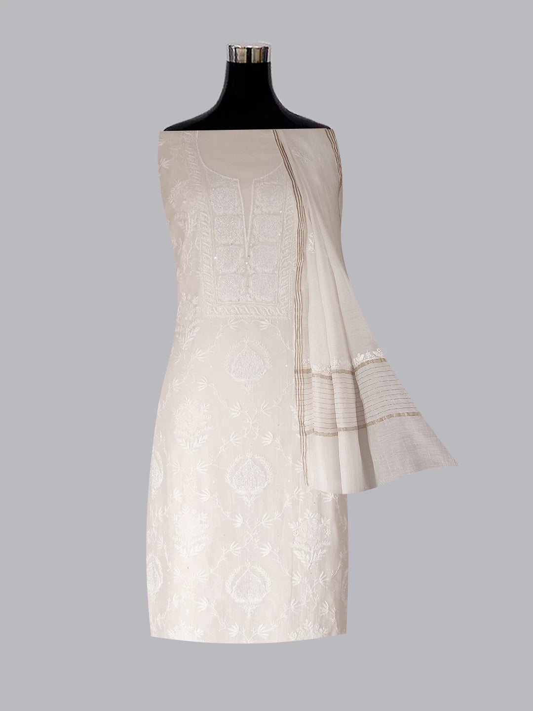 Ada Hand Embroidered Off White Chanderi Lucknowi Chikankari Unstitched Kurta Dupatta Set With Cutdana Work 01A454439