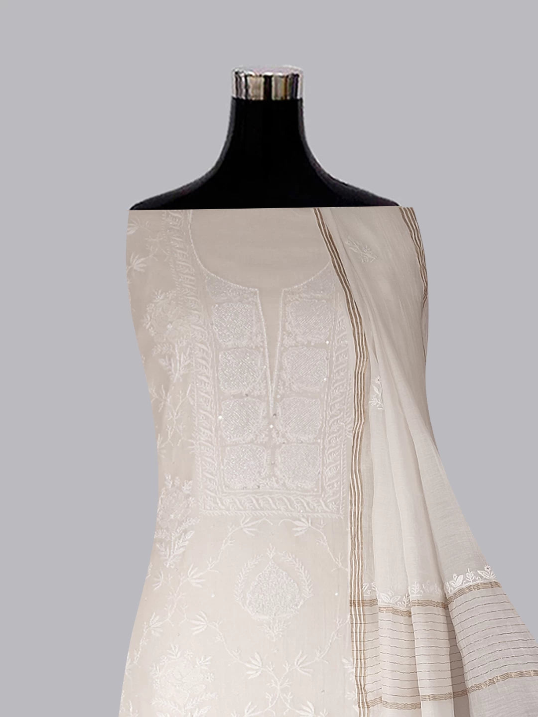 Ada Hand Embroidered Off White Chanderi Lucknowi Chikankari Unstitched Kurta Dupatta Set With Cutdana Work 01A454439