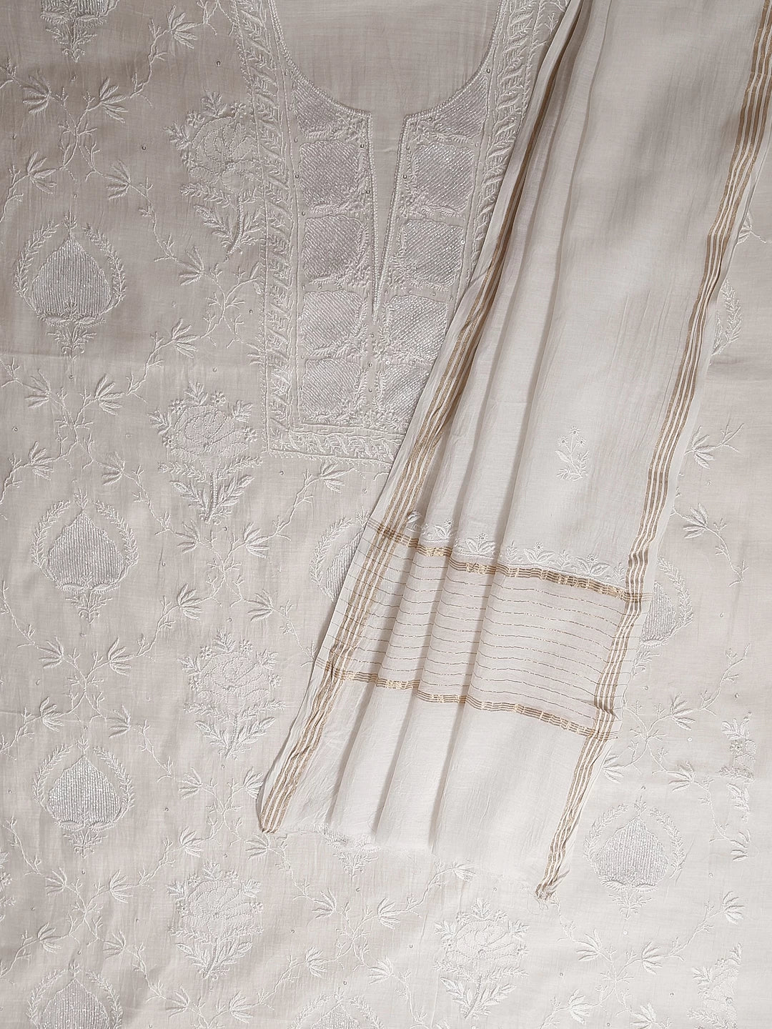 Ada Hand Embroidered Off White Chanderi Lucknowi Chikankari Unstitched Kurta Dupatta Set With Cutdana Work 01A454439