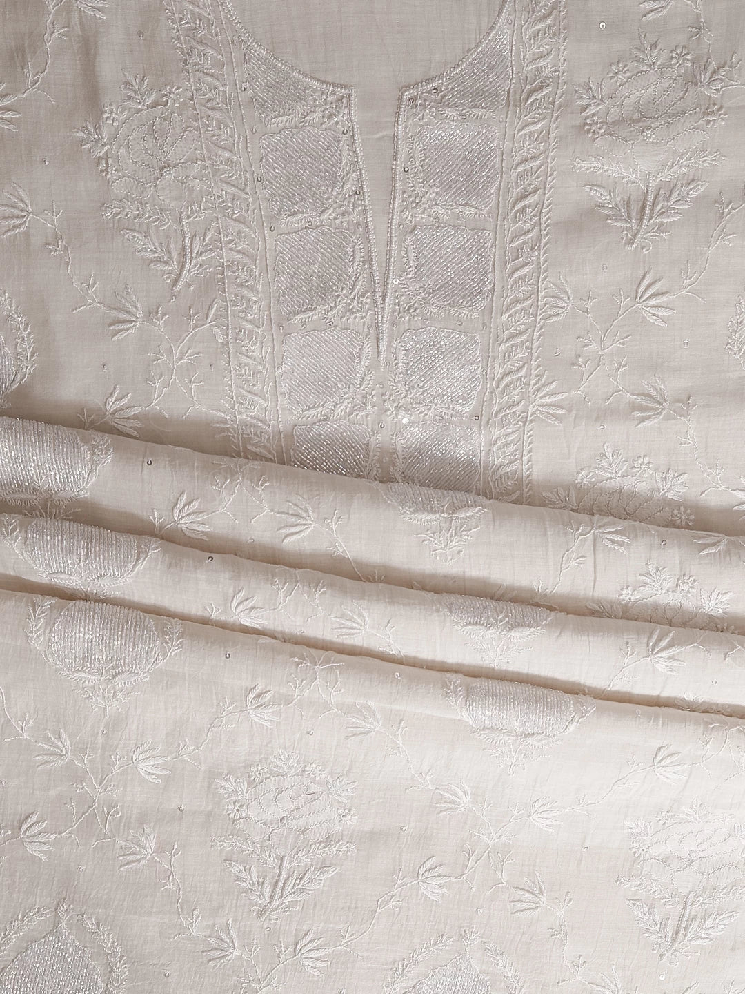 Ada Hand Embroidered Off White Chanderi Lucknowi Chikankari Unstitched Kurta Dupatta Set With Cutdana Work 01A454439