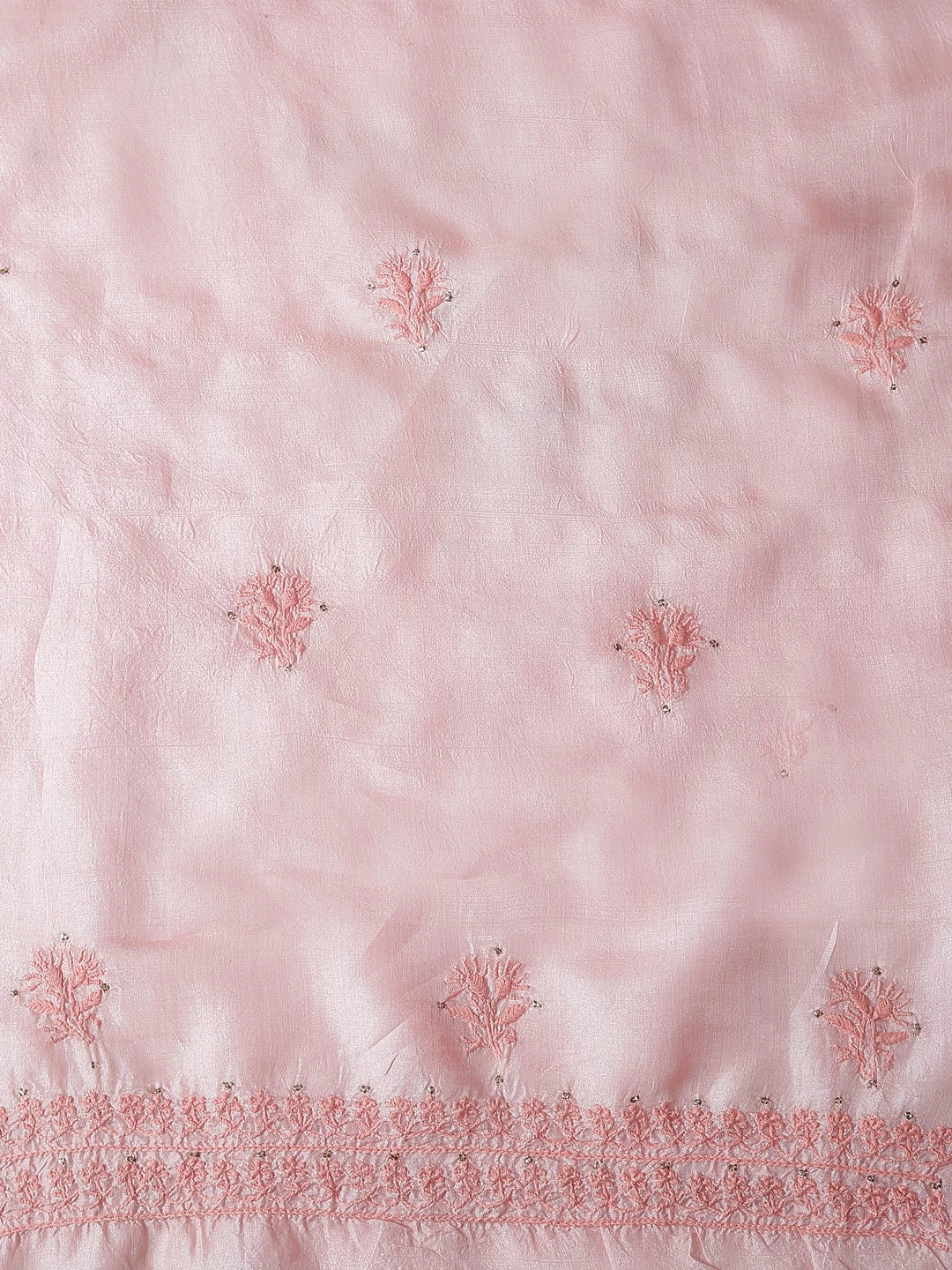 Ada Hand Embroidered Peach Silk Lucknowi Chikankari Unstitched Kurta Dupatta Set With Muqaish Work 01A185722