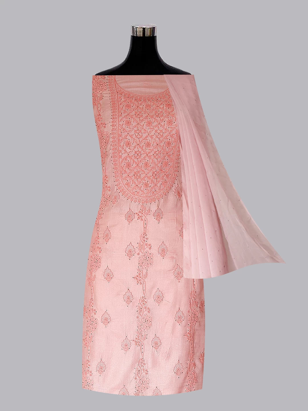 Ada Hand Embroidered Peach Silk Lucknowi Chikankari Unstitched Kurta Dupatta Set With Muqaish Work 01A185722