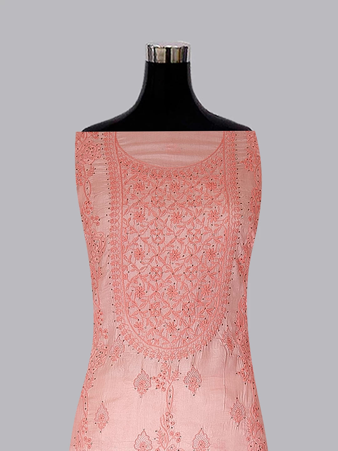 Ada Hand Embroidered Peach Silk Lucknowi Chikankari Unstitched Kurta Dupatta Set With Muqaish Work 01A185722
