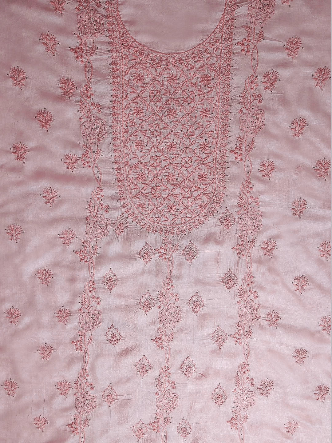 Ada Hand Embroidered Peach Silk Lucknowi Chikankari Unstitched Kurta Dupatta Set With Muqaish Work 01A185722
