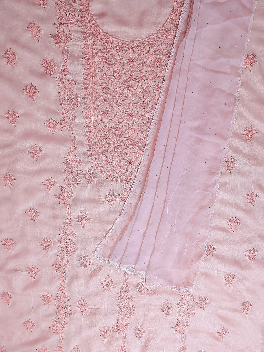 Ada Hand Embroidered Peach Silk Lucknowi Chikankari Unstitched Kurta Dupatta Set With Muqaish Work 01A185722