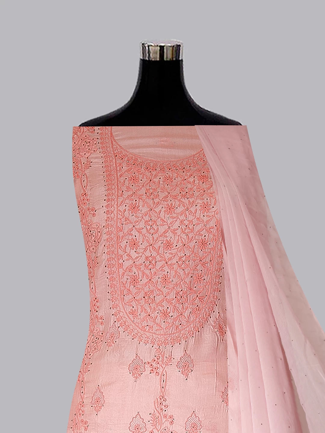 Ada Hand Embroidered Peach Silk Lucknowi Chikankari Unstitched Kurta Dupatta Set With Muqaish Work 01A185722