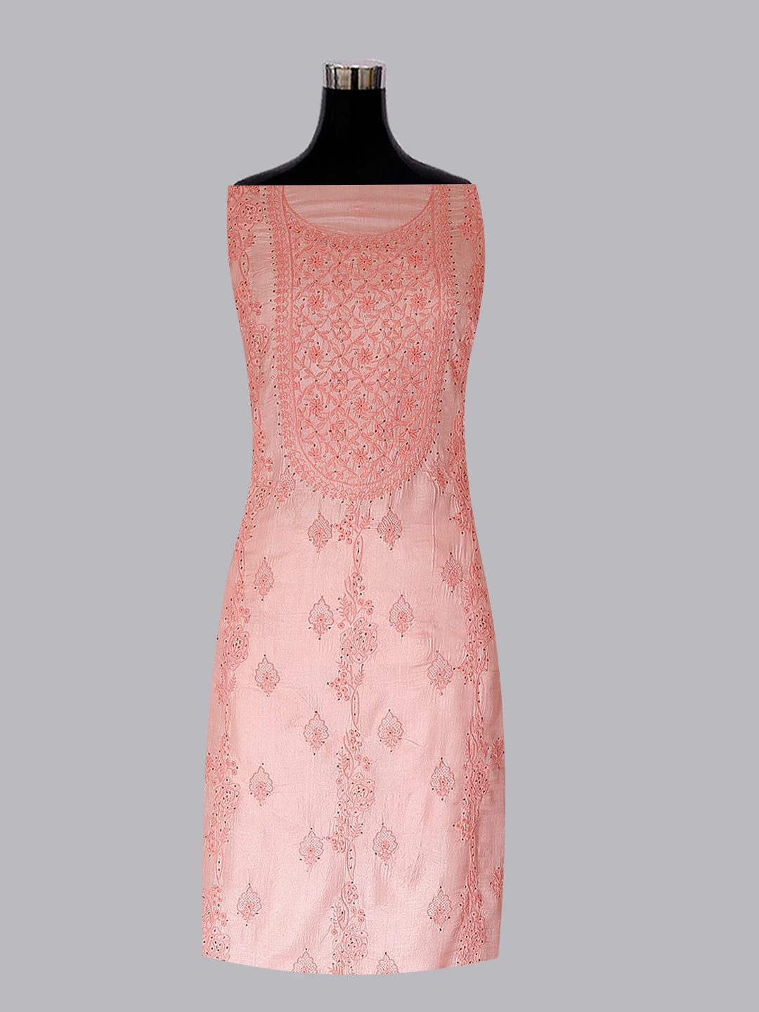 Ada Hand Embroidered Peach Silk Lucknowi Chikankari Unstitched Kurta Dupatta Set With Muqaish Work 01A185722