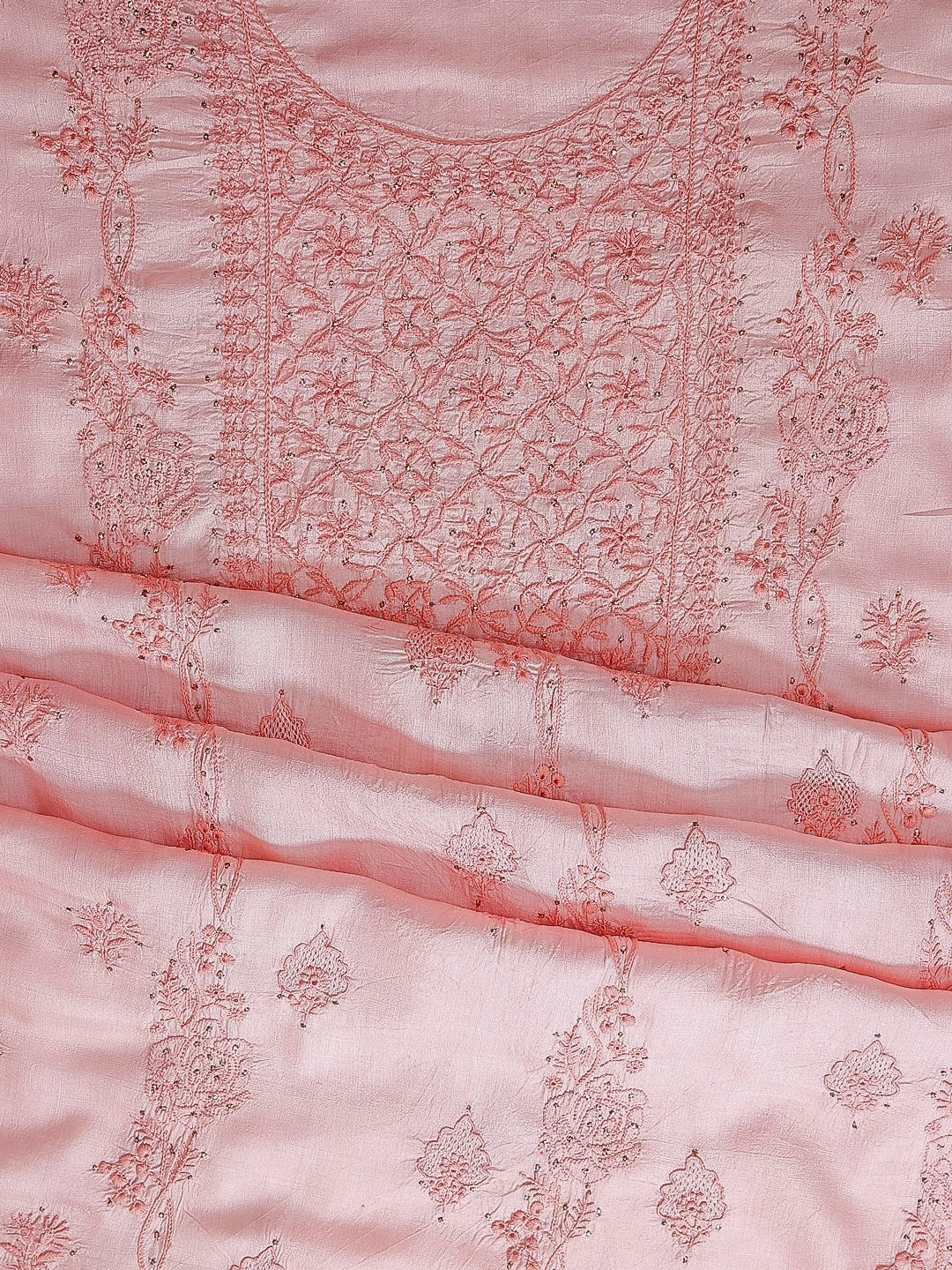 Ada Hand Embroidered Peach Silk Lucknowi Chikankari Unstitched Kurta Dupatta Set With Muqaish Work 01A185722