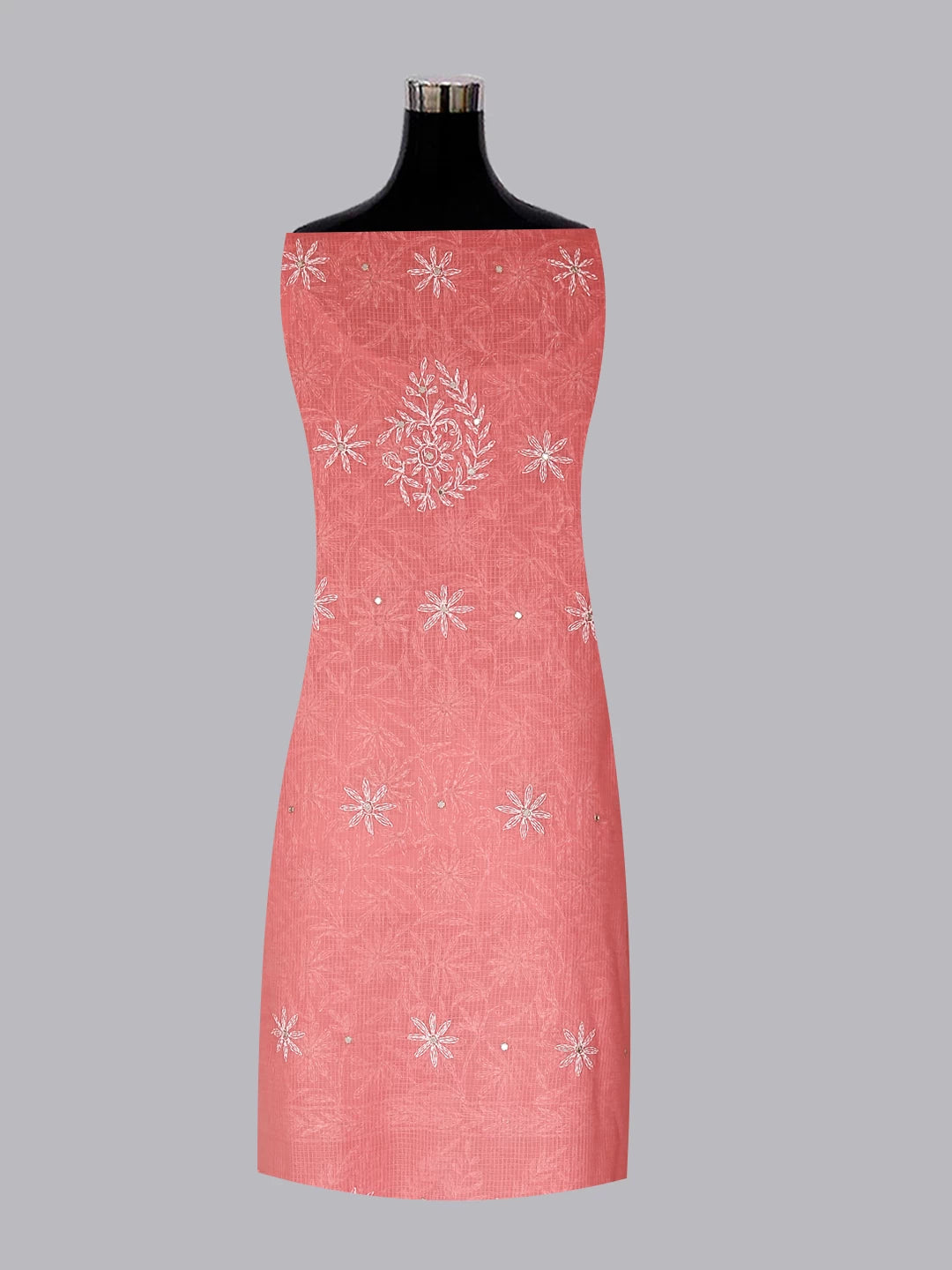 Ada Hand Embroidered Carrot Pink Kota Lucknowi Chikankari Unstitched Kurta Dupatta Set With Zari Work 01A415257