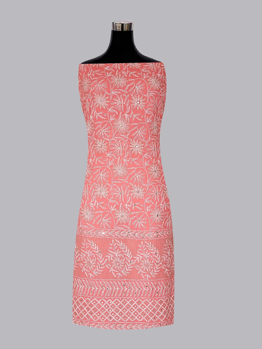 Ada Hand Embroidered Carrot Pink Kota Lucknowi Chikankari Unstitched Kurta Dupatta Set With Zari Work 01A415257