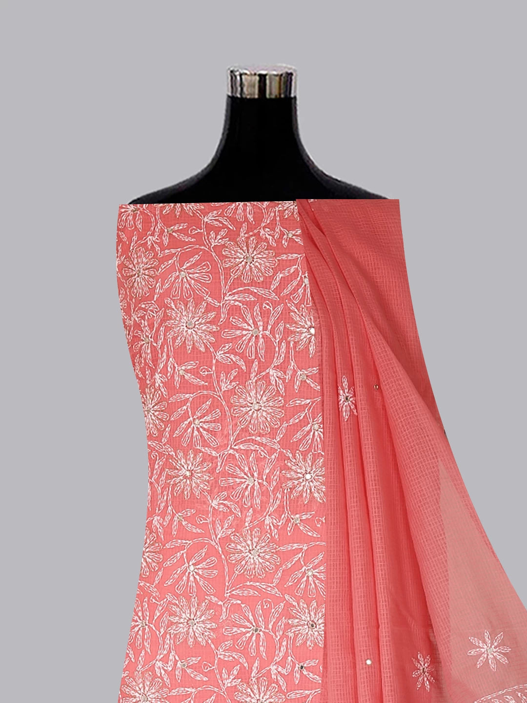 Ada Hand Embroidered Carrot Pink Kota Lucknowi Chikankari Unstitched Kurta Dupatta Set With Zari Work 01A415257