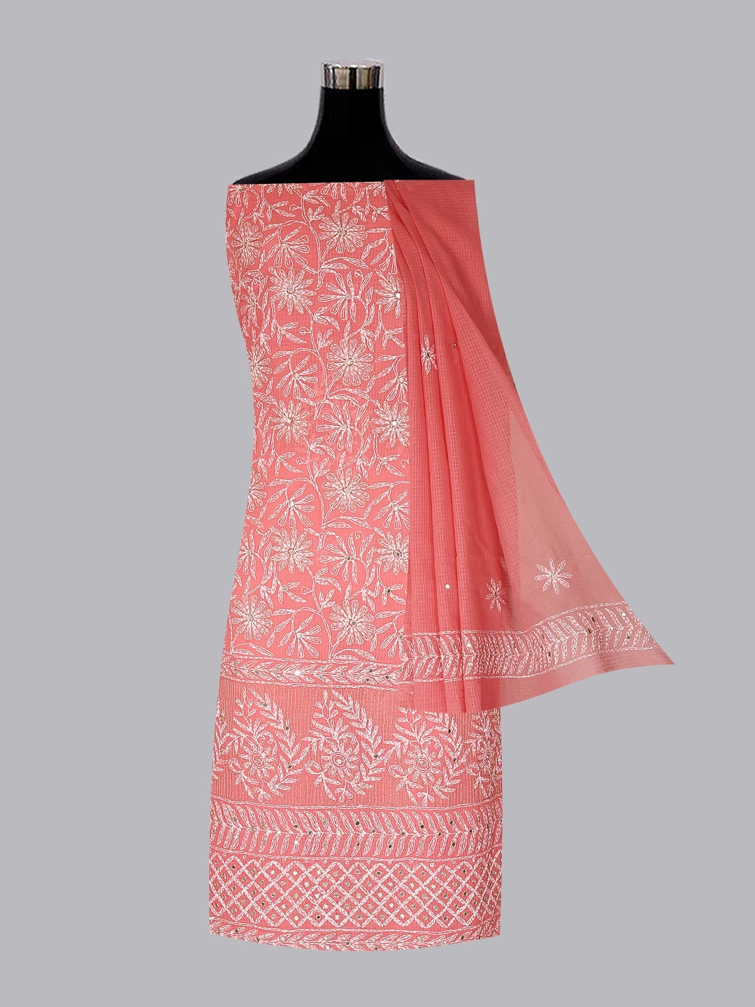 Ada Hand Embroidered Carrot Pink Kota Lucknowi Chikankari Unstitched Kurta Dupatta Set With Zari Work 01A415257