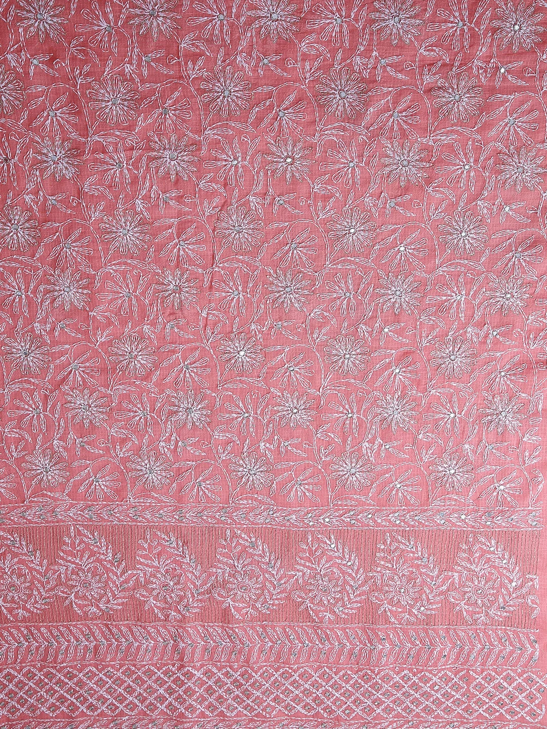 Ada Hand Embroidered Carrot Pink Kota Lucknowi Chikankari Unstitched Kurta Dupatta Set With Zari Work 01A415257