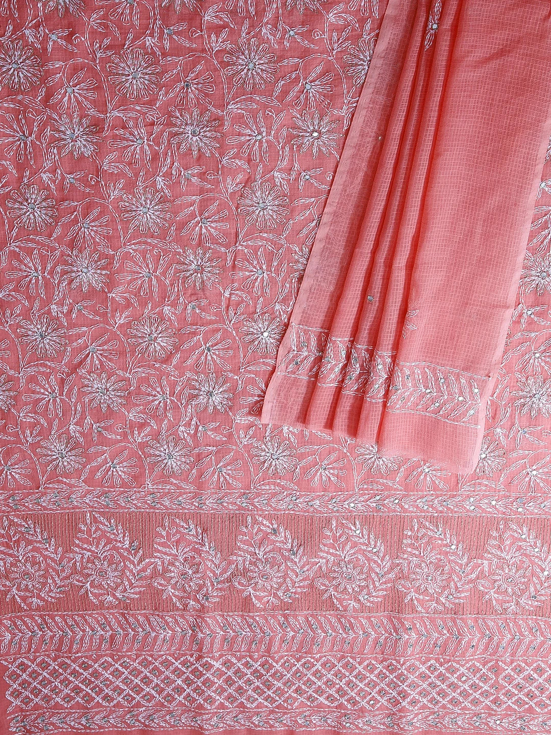 Ada Hand Embroidered Carrot Pink Kota Lucknowi Chikankari Unstitched Kurta Dupatta Set With Zari Work 01A415257