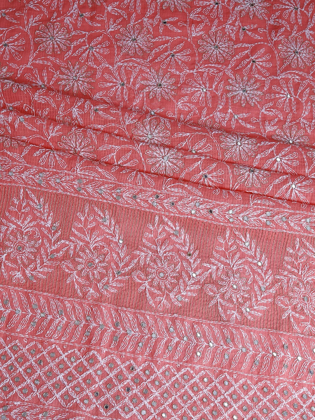 Ada Hand Embroidered Carrot Pink Kota Lucknowi Chikankari Unstitched Kurta Dupatta Set With Zari Work 01A415257