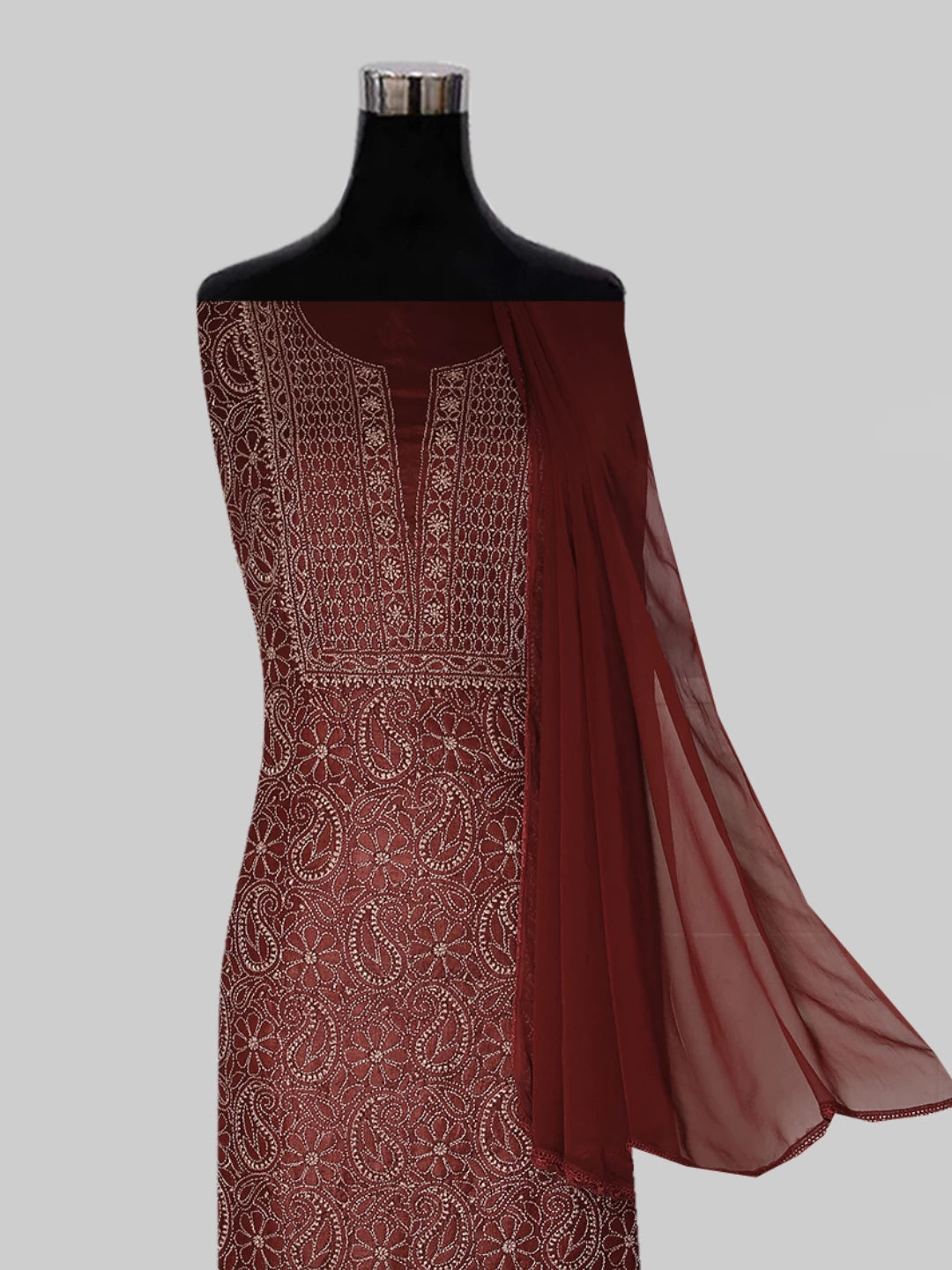 Ada Hand Embroidered Maroon Silk Lucknowi Chikankari Unstitched Suit Set 01A451716