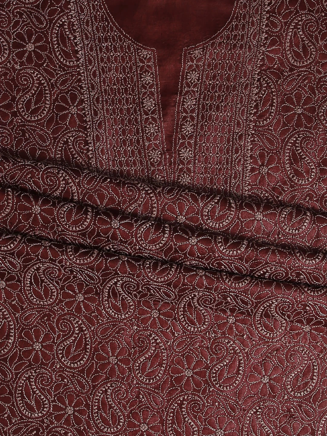 Ada Hand Embroidered Maroon Silk Lucknowi Chikankari Unstitched Suit Set 01A451716