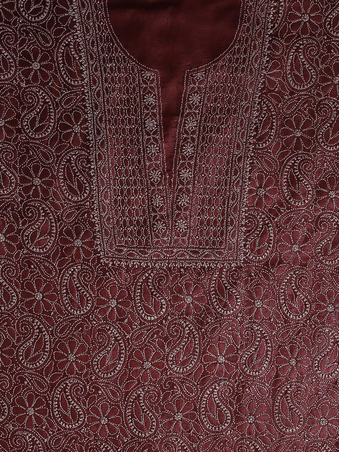 Ada Hand Embroidered Maroon Silk Lucknowi Chikankari Unstitched Suit Set 01A451716