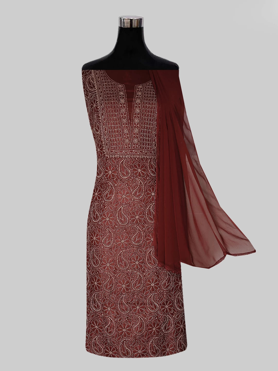 Ada Hand Embroidered Maroon Silk Lucknowi Chikankari Unstitched Suit Set 01A451716