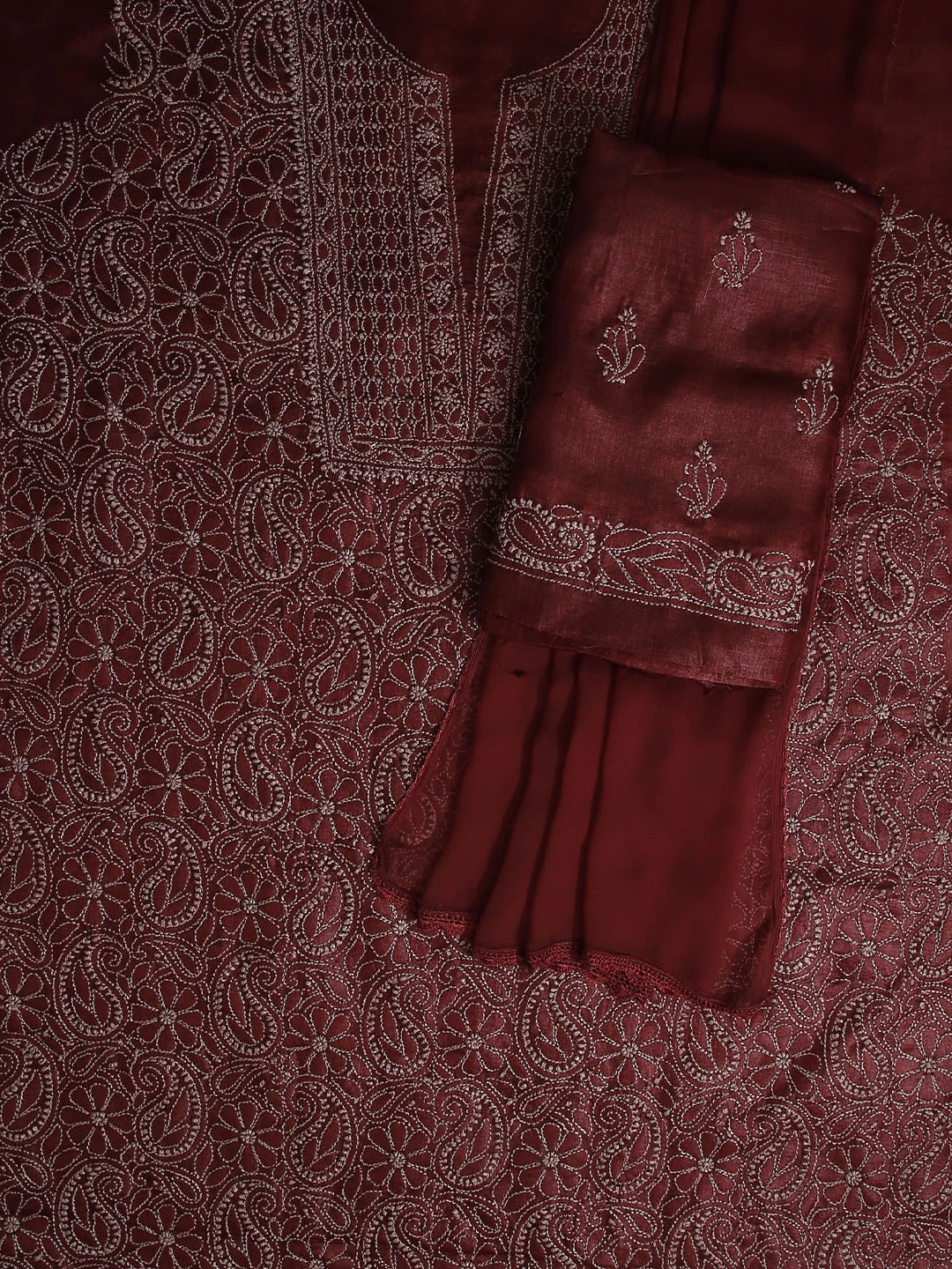 Ada Hand Embroidered Maroon Silk Lucknowi Chikankari Unstitched Suit Set 01A451716