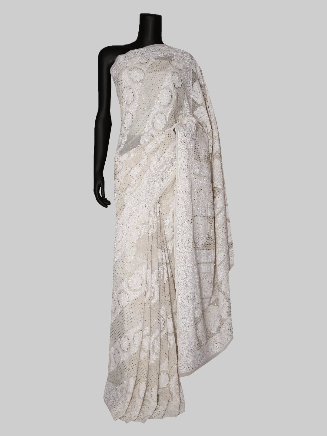 Ada Hand Embroidered Ivory White Pure Georgette Lucknowi Chikankari Saree/Blouse With Mukaish Work 01A321120