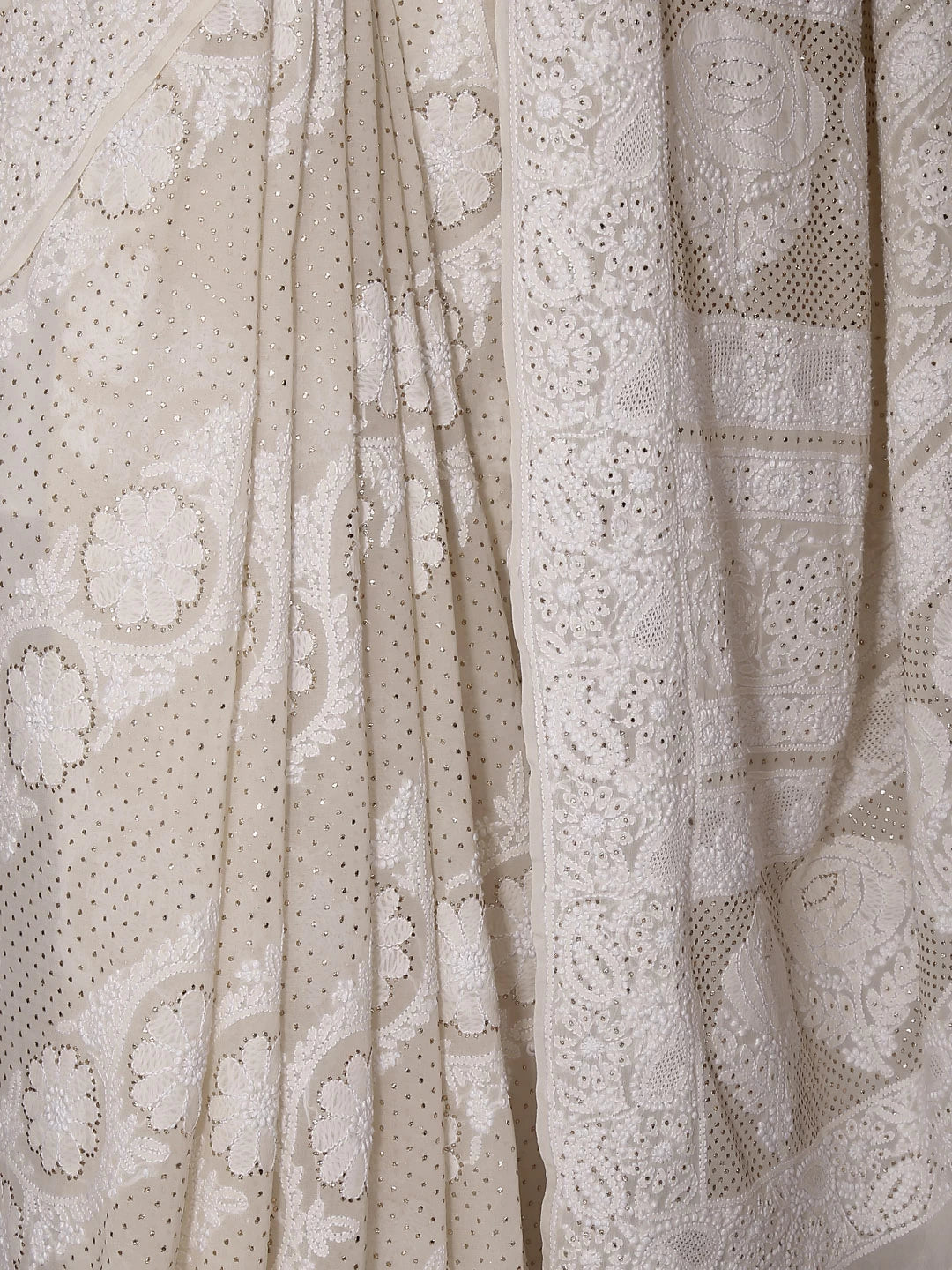 Ada Hand Embroidered Ivory White Pure Georgette Lucknowi Chikankari Saree/Blouse With Mukaish Work 01A321120