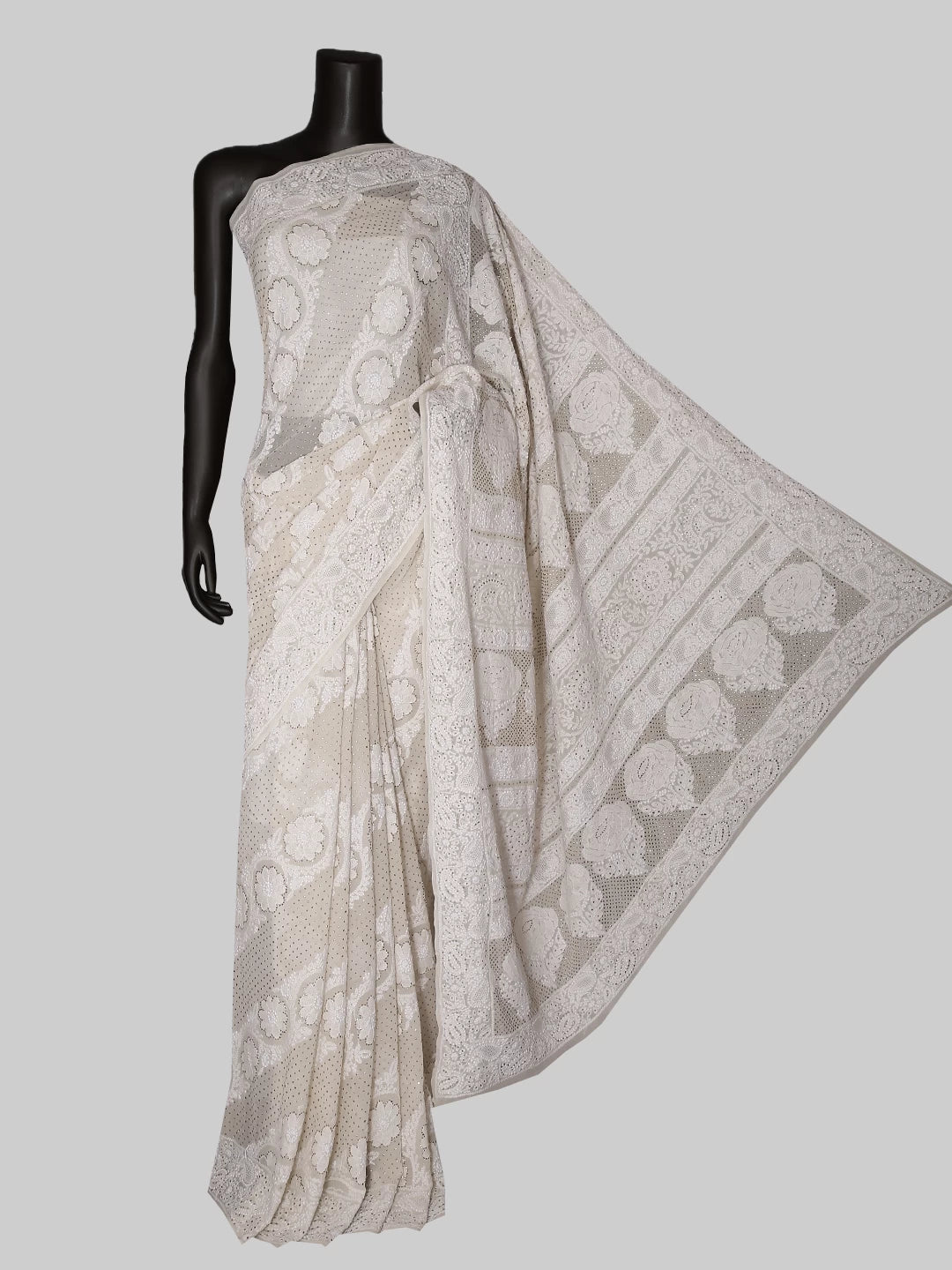 Ada Hand Embroidered Ivory White Pure Georgette Lucknowi Chikankari Saree/Blouse With Mukaish Work 01A321120