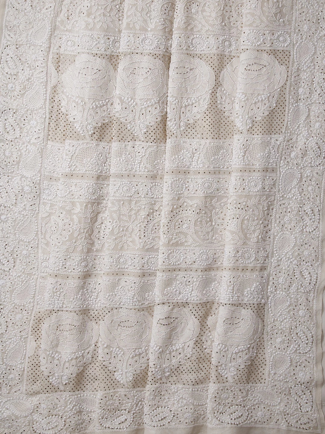 Ada Hand Embroidered Ivory White Pure Georgette Lucknowi Chikankari Saree/Blouse With Mukaish Work 01A321120