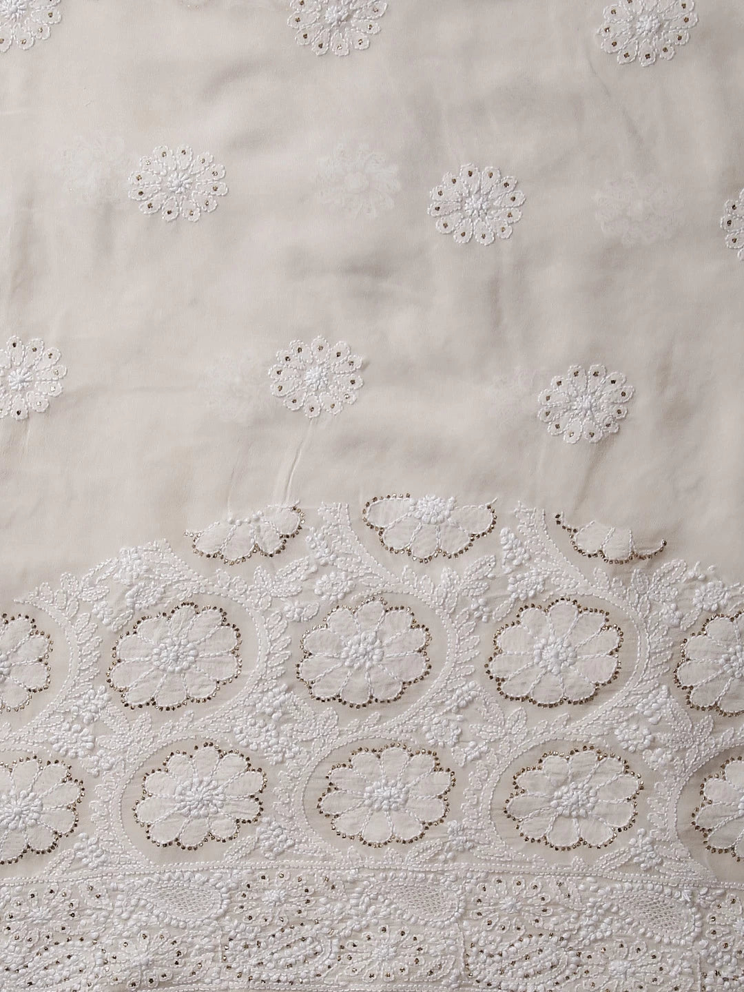 Ada Hand Embroidered Ivory White Pure Georgette Lucknowi Chikankari Saree/Blouse With Mukaish Work 01A321120